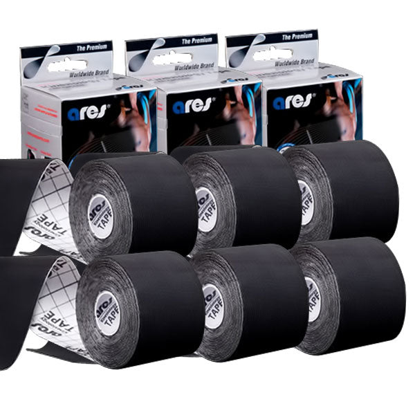 6-Pack ARES Kinesiology Premium Tape BLACK 2 in x 16.5 ft